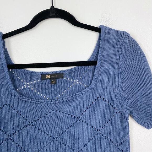 FRYE Blue Square Neck Knit Blouse Geometric Short‎ Sleeve Stretch Size Medium - Picture 3 of 7